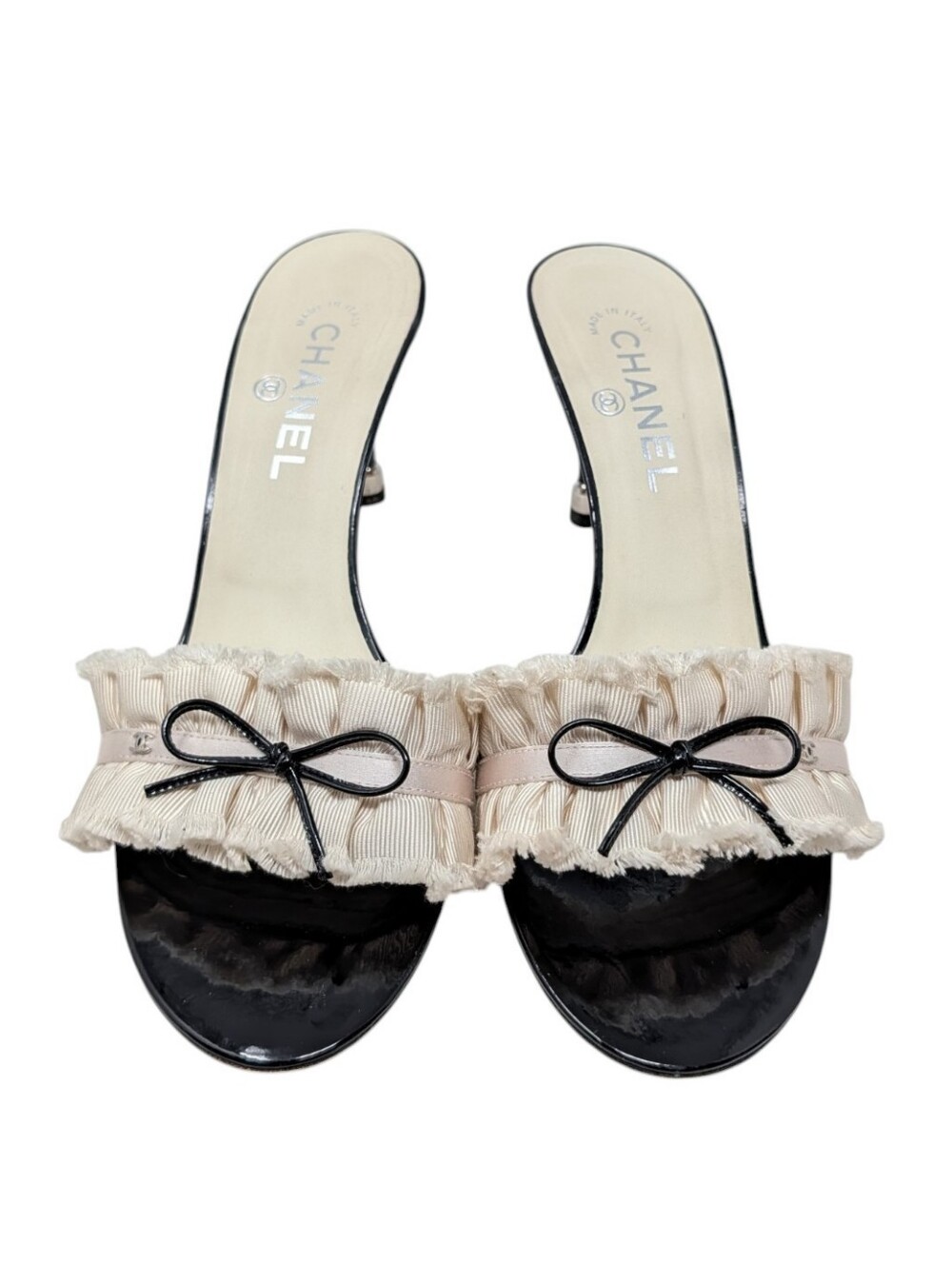 Chanel Ruffled Bow Interlocking CC Patent Black Ivory Mule Dress Up Sandal EU 40
